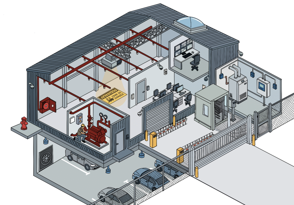 illustration sécurité et sûreté montrant un entrepôt avec des équipements de sécurité
