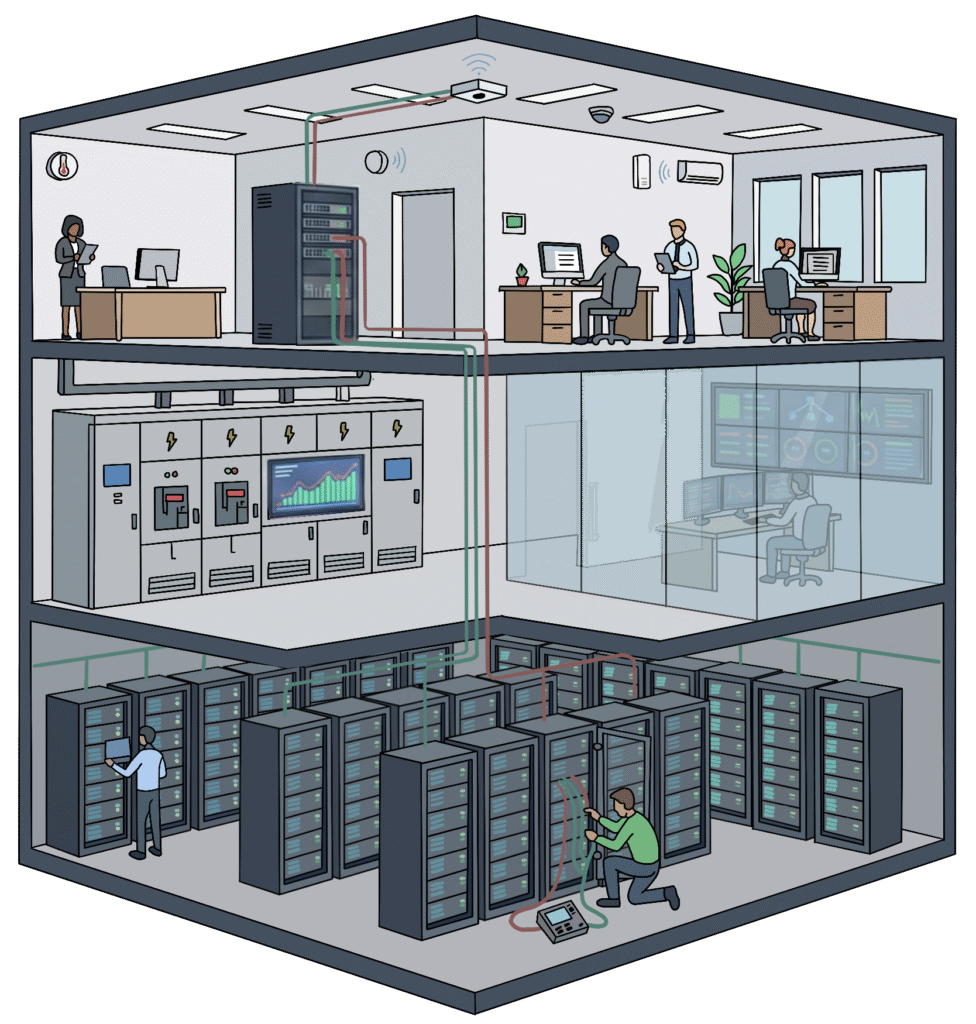 illustration d'un batiment tertiaire équipé de serveurs, bornes wifi