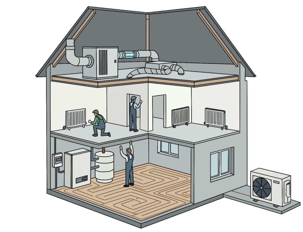Illustration d'une maison équipée d'un système de pompe à chaleur